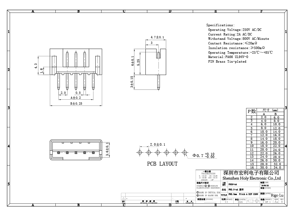 源头厂家 PH2.0间距 9P-16P 后焊直插 用于多种PCB链接线插座,宏利